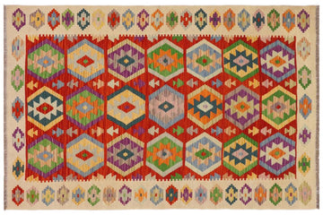 Flat Weave Kilim, Antique, Navaho, Vintage, Handmade, Geometric Kilim Rust Beige Hand-Woven Rectangle 100% Wool Area Rug 4 x 6